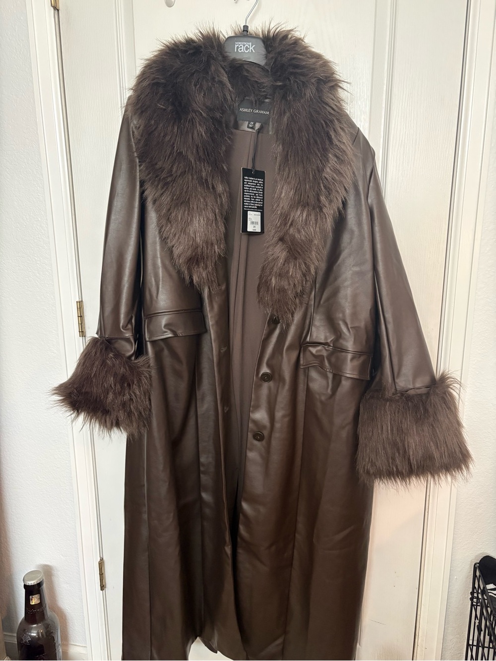 Ashley Graham Brown Faux Leather Long Coat with Fur Collar and Cuffs